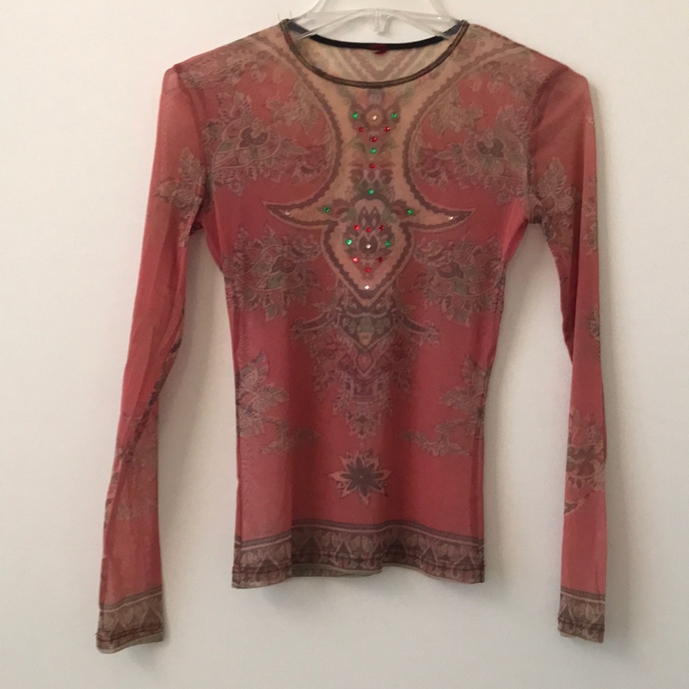 Women’s Long Sleeve Printed Mesh Tee in Coral